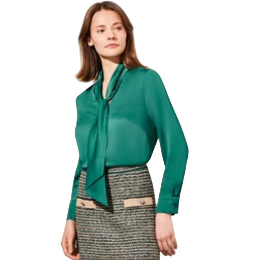 Ming Wang Tie-Neck Woven Crepe de Chine Blouse in Jewel Green size L